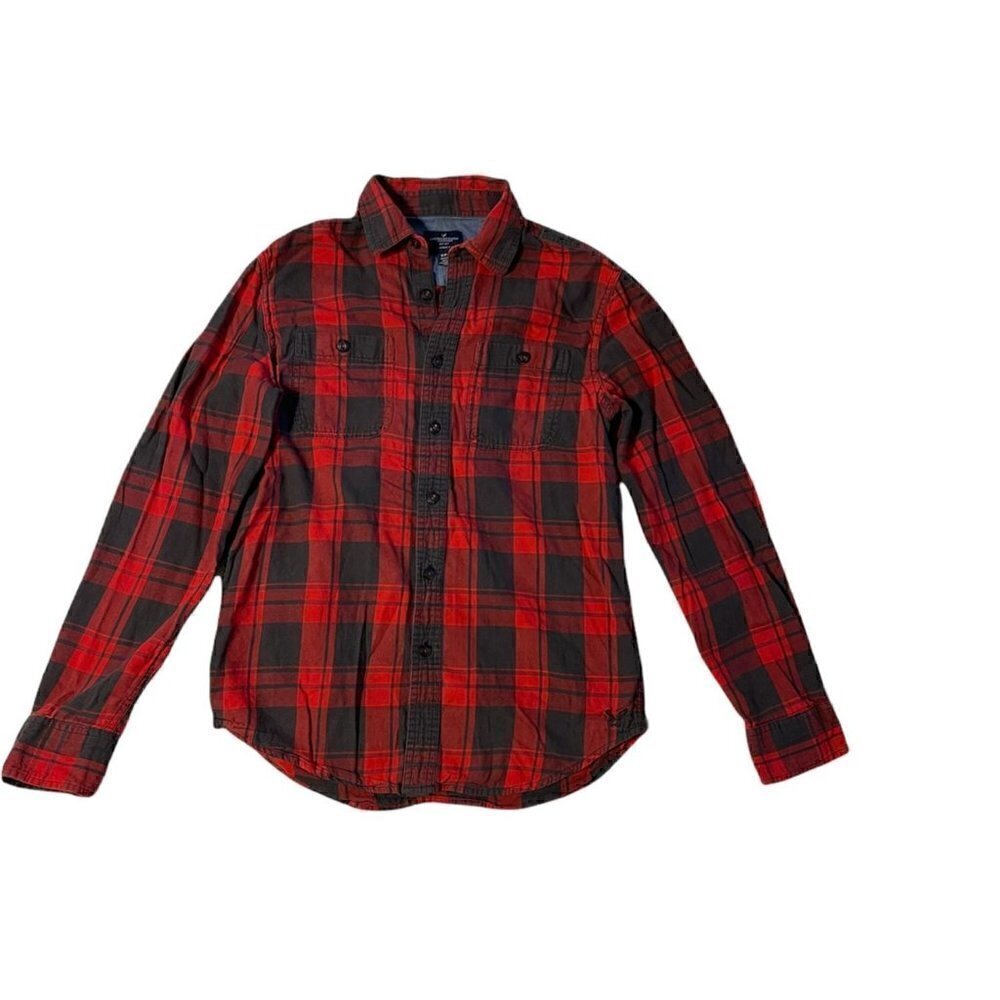 American Eagle Classic Red Plaid Boyfriend Button Down Flannel